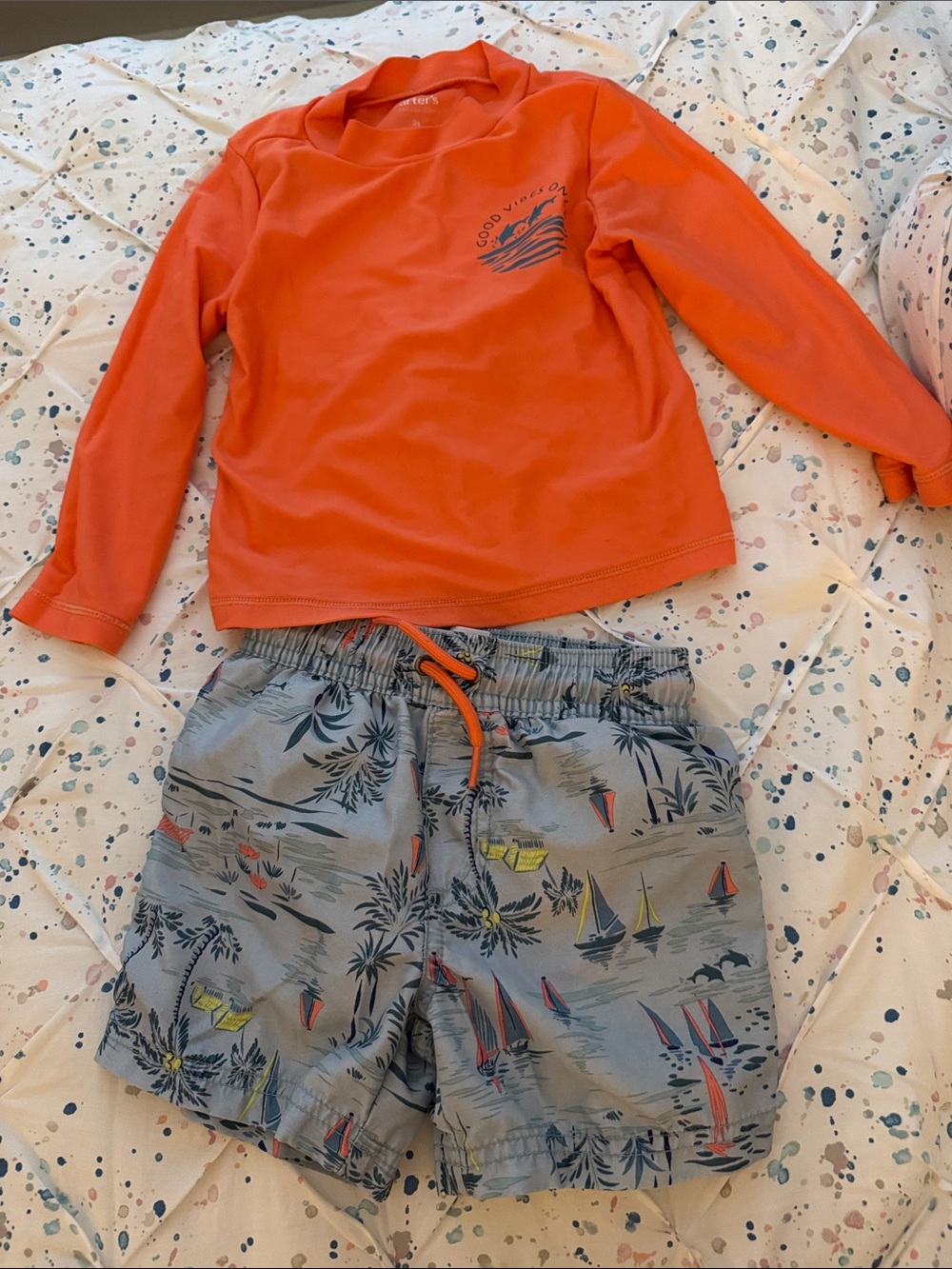 Carter's Orange Long-Sleeve Rash Guard with Gray Sailboat Swim Shorts